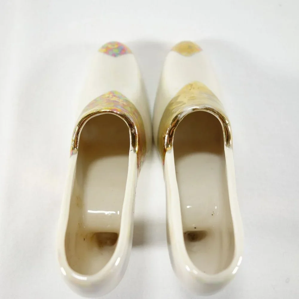 Vintage Collectible Pair of Lustre Porcelain Miniature High Heel Shoes Gold Trim